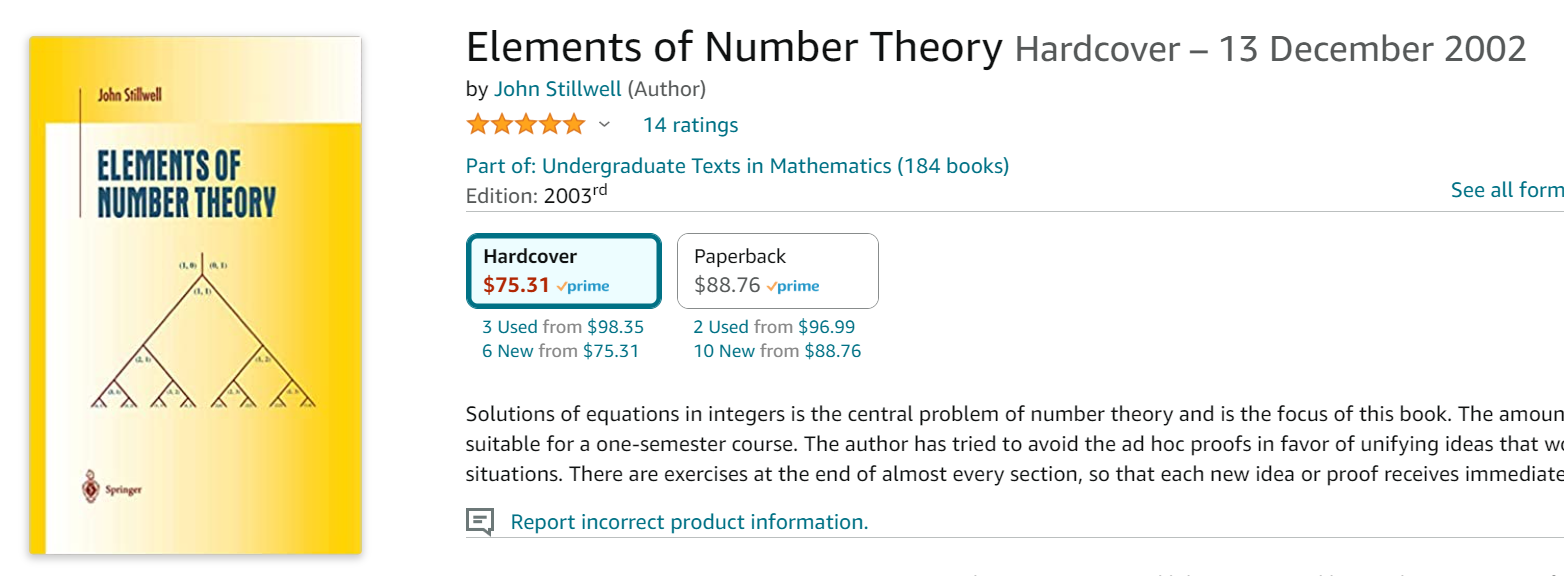 Book&rsquo;s title is &ldquo;Elements of Number Theory&rdquo;