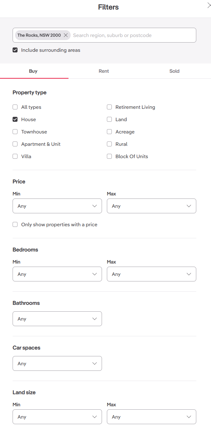 A form for finding properties on realestate.com.au